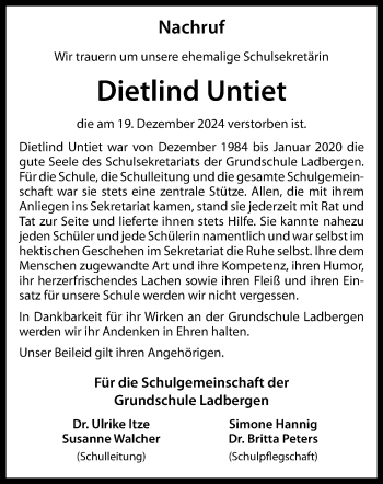 Anzeige von Dietlind Untiet 