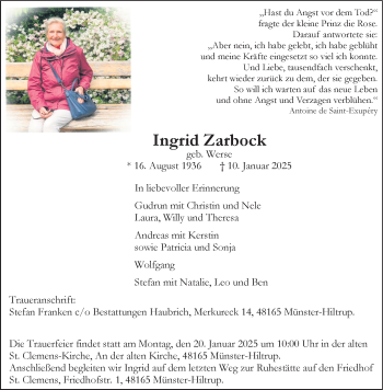 Anzeige von Ingrid Zarbock 