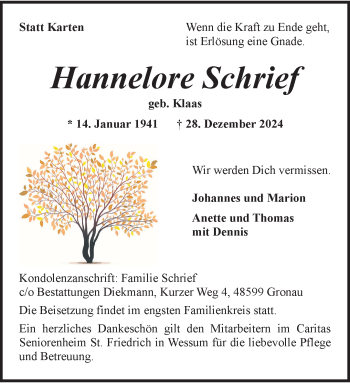 Anzeige von Hannelore Schrief 