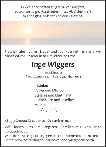 Anzeige von Inge Wiggers 