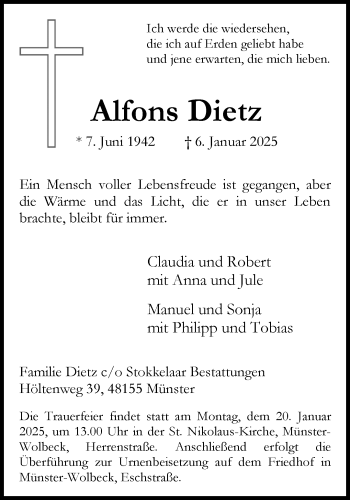 Anzeige von Alfons Dietz 