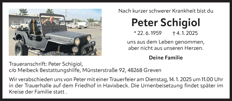  Traueranzeige für Peter Schigiol vom 11.01.2025 aus 