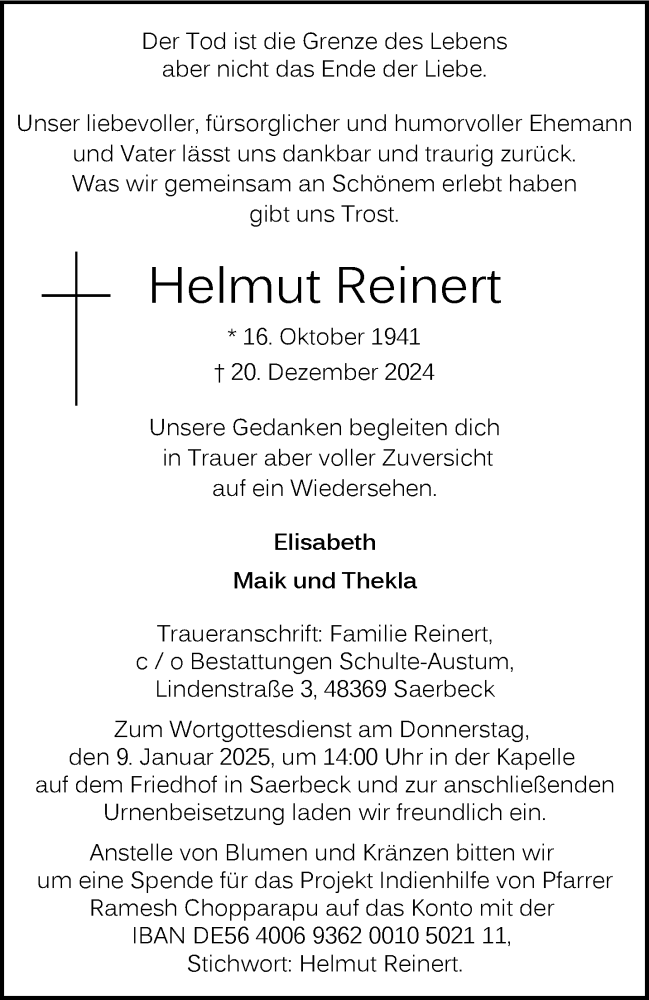  Traueranzeige für Helmut Reinert vom 04.01.2025 aus 